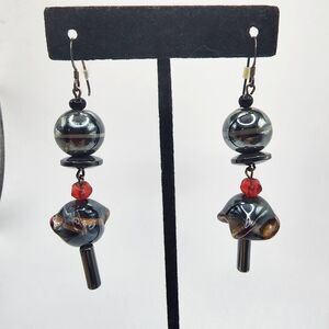 Modern Gray Red Copper Long Sterling Silver Art Glass Beaded Dangle Earrings